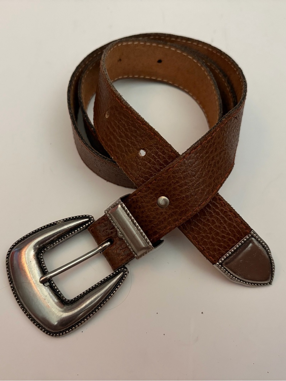 Genuine Leather Womens Belt Size M Brown Western Silver Beaded Buckle